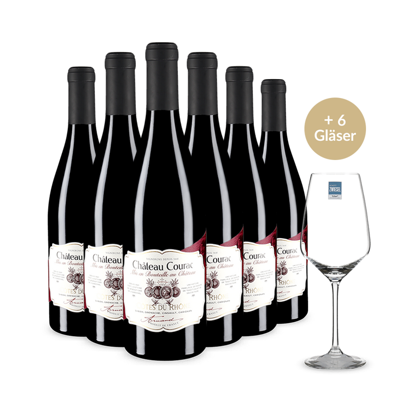 6 Flaschen + 6 Gläser: Château Courac Côtes du Rhône 2020