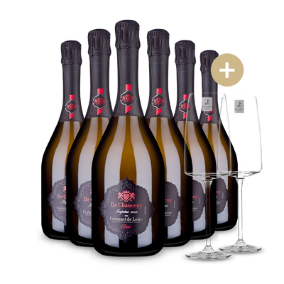 6 Flaschen De Chanceny Impetus Crémant de Loire Brut 2015 + 2 Schaumweingläser