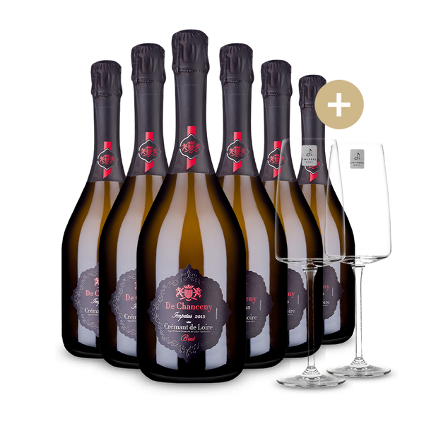 6 Flaschen De Chanceny Impetus Crémant de Loire Brut 2015 + 2 Schaumweingläser