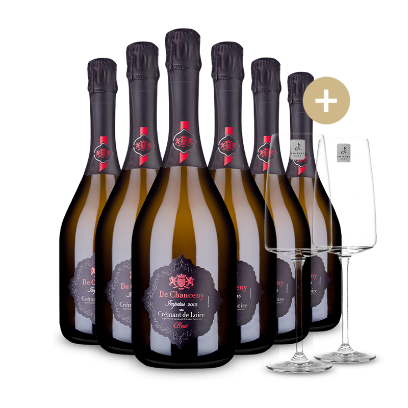 6 Flaschen De Chanceny Impetus Crémant de Loire Brut 2015 + 2 Schaumweingläser